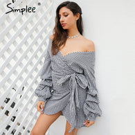 Off shoulder plaid wrap sexy dress - Empress Dresses